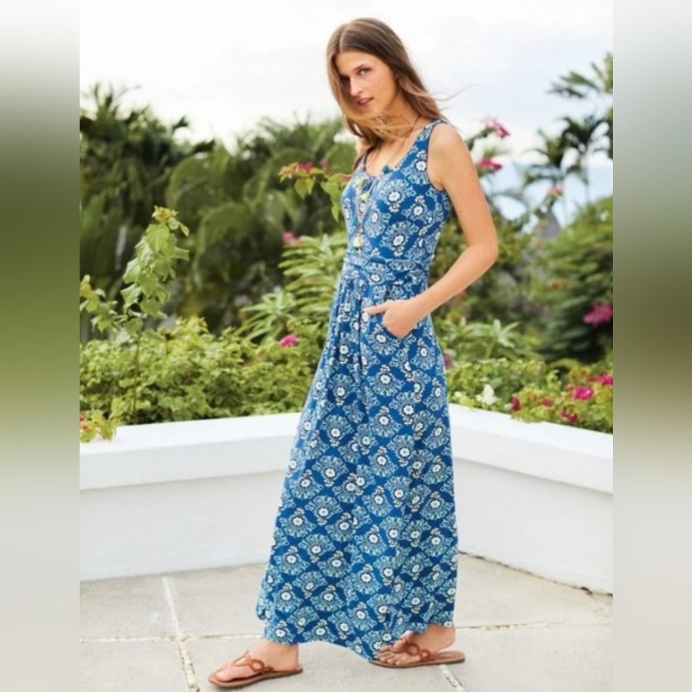 BODEN 10R "Diana" Sleeveless Floral Blue/White Print Jersey Maxi/Long Dress